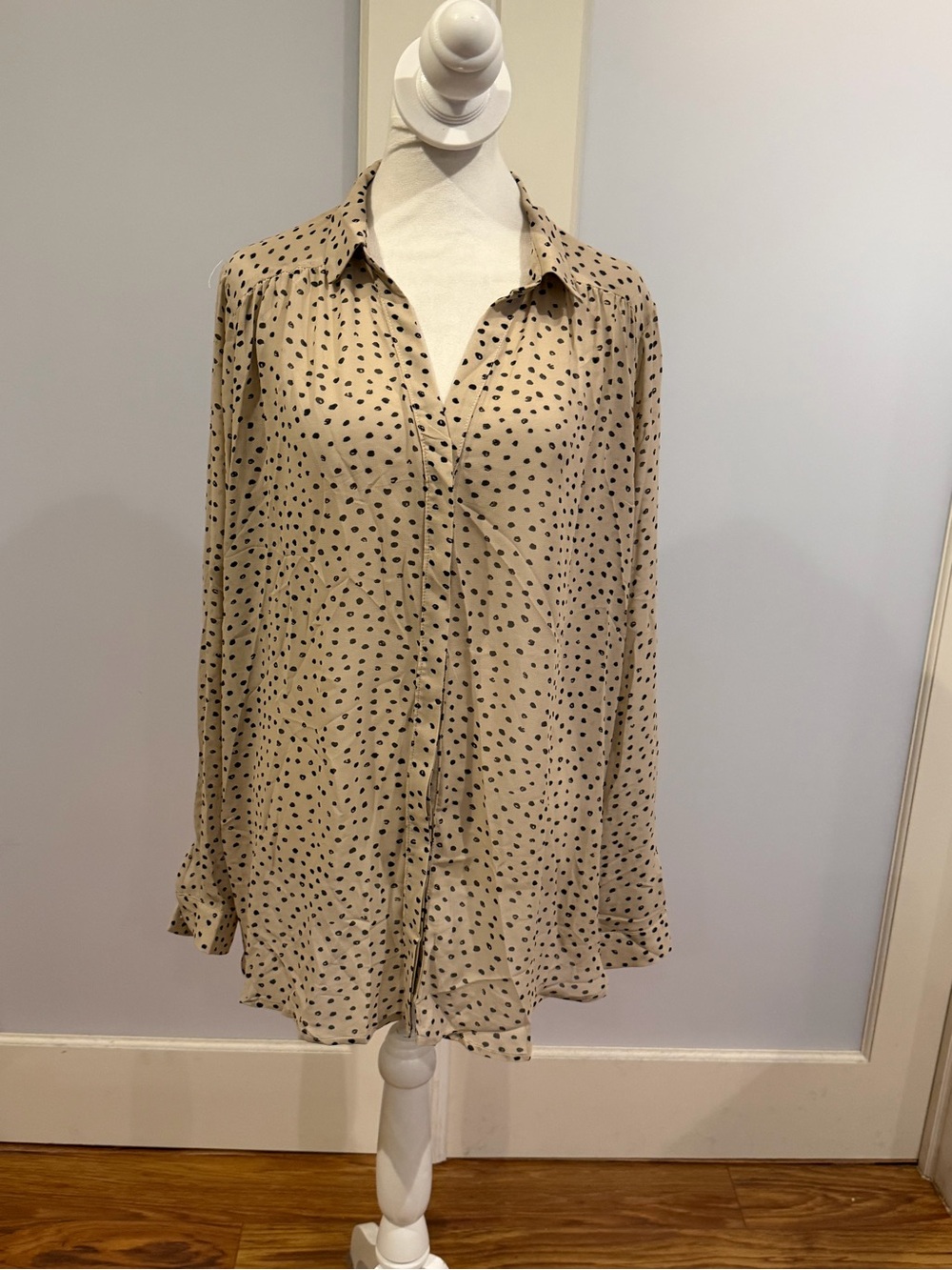Hayden Beige Button-Front Long Sleeve Shirt with Black Dot Print